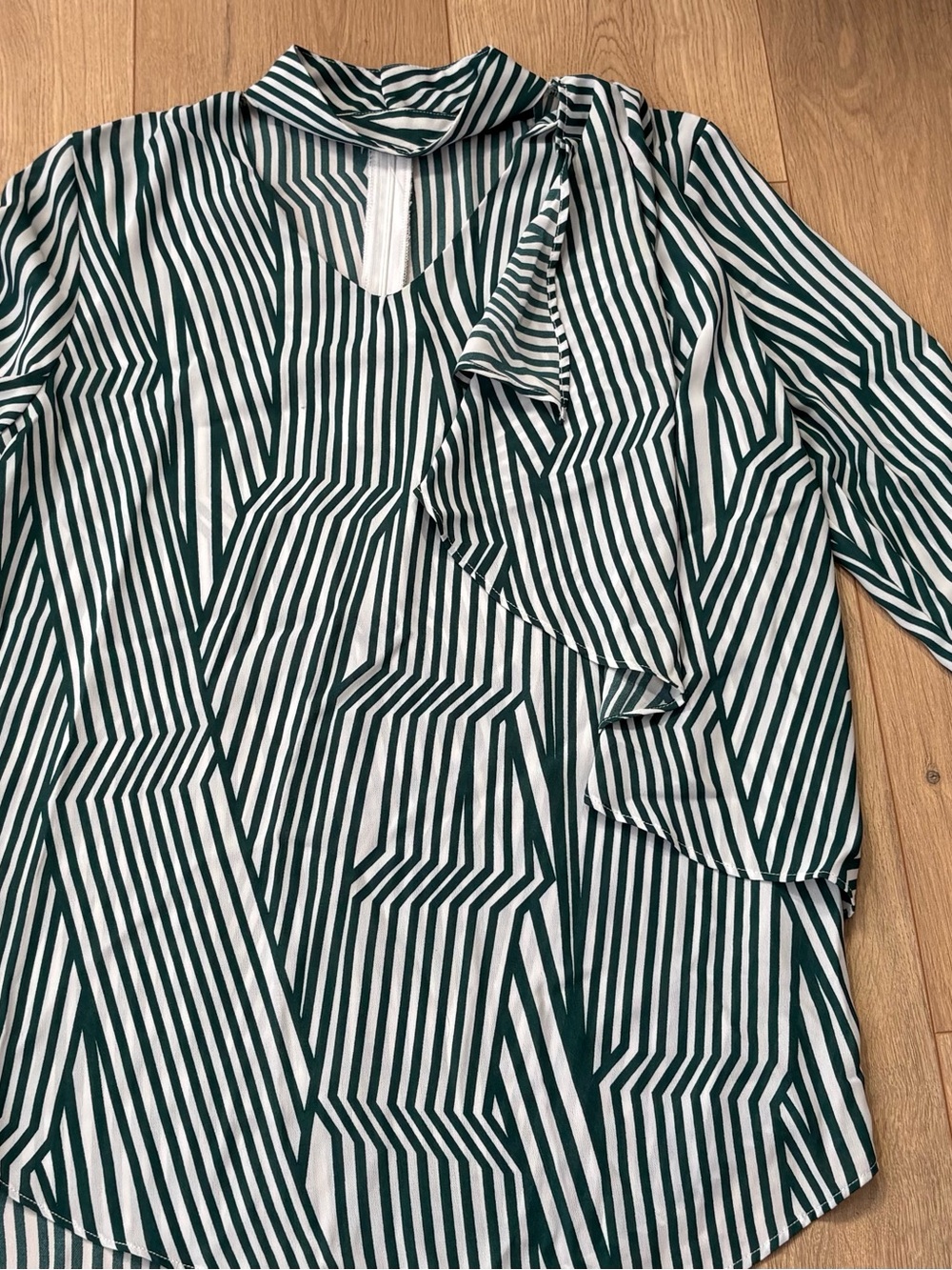 Lea & Viola Green and White Geometric Stripe Ruffle Neck Blouse